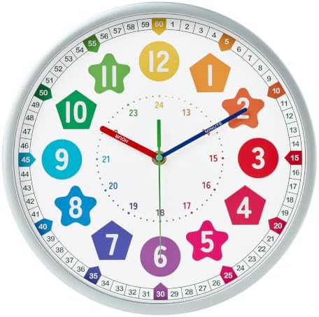 HZDHCLH Kids Wall Clock for Learning to Tell Time 12 Inch Silent Non Ticking Analog Clock with Colorful Shape Numbers Battery Operated Educational Clock for Classroom, Bedroom, Homeschool(Silver) by HZDHCLH