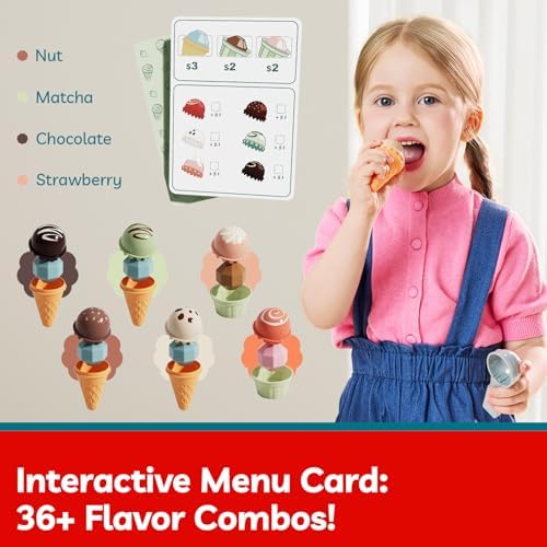 TOP BRIGHT Wooden Ice Cream Set with Scoop, Pretend Play Toy Ages 3+ - Image 6