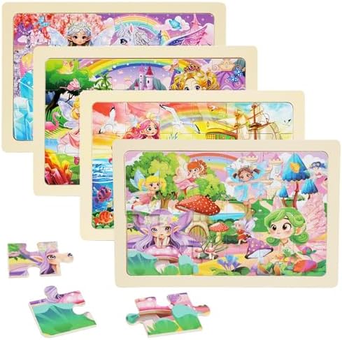 Wooden Princess Puzzles for Kids Age 3 4 5 Year Old, 4 Pack 24 Pcs Montessori Toddler Jigsaw Puzzles for Girl boy Activities Preschool Learning Educational Birthday Gift Travel Autistic Wooden Toys by Unknown