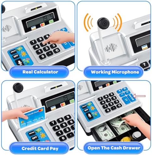 Calculator Cash Register - 103 Pcs Toy Cash Register, Store Set with Microphone, Credit Card and Banking for Kids, Toddler Math Learning Toys, Preschool Gifts for 3, 4, 5, 6, 7, 8+ Years Old Boy Girl - Image 3