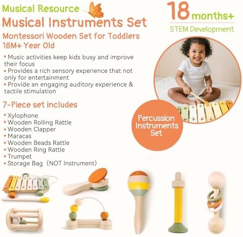 Wooden Musical Instruments for Toddlers 2+ Year Old Montessori Xylophone Maracas Clapper Rattles Trumpet Baby Musical Toys with Storage Bag Gifts for Boys Girls - Image 4