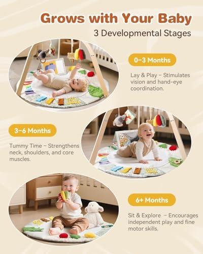 Macabaka Wooden Baby Play Gym & Tummy Time Playmat – Montessori Sensory Activity Mat with 6 Developmental Toys for Fine Motor Skills – for Newborns to Toddlers (0–12M+) - Image 6