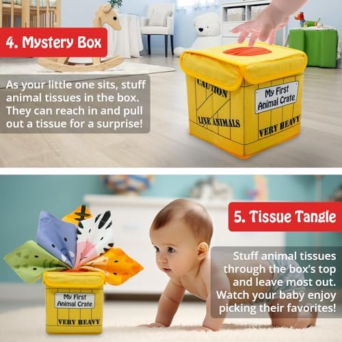 Urban Kiddy™ My First Animal Crate | Sensory Baby Tissue Toy Box, Montessori Toys for Infants & Toddlers, Imaginary Play, Colorful Crinkle Textured Pull Scarves, Educational Preschool Learning - Image 5