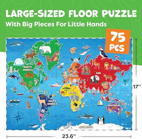 World Map Puzzle for Kids - 75pc World Puzzle with Continents, Landmarks - Childrens Jigsaw Geography Puzzles for Kids Ages 4-8, 5, 6, 7, 8-10 Year Olds - Globe Atlas Puzzle Maps Learning Games Gifts - Image 2