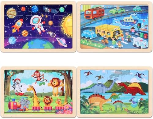 Wooden Educational Jigsaw Puzzles for Preschool Kids Ages 3-5, 4-Pack with 20 Pieces Dinosaur, Space, Transportation Wood Puzzles Set, Kids Brain Teaser Toys, Gifts for Boys Girls Ages 3 4 5 6 - Image 3