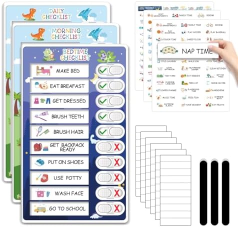3 in 1 Bedtime/Morning/Daily Routine Chart for Kids, Magnetic Chore Chart for Kids with Cute Chore Stickers, Visual Schedule for Kids with Autism, Cute to Do List Checklist for Kids by CustomMaster