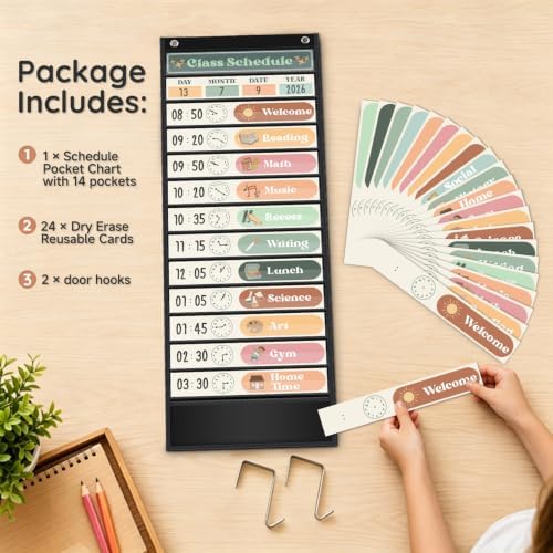 AKAYOK Boho Daily Schedule Pocket Chart, 13+1 Pocket Visual Schedule for Kids, Includes 24 Reusable Dry-Erase Cards, Daily Planner with Hourly Schedule for Classroom, Office, Home, School Activities - Image 4