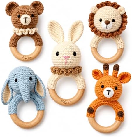 Personalized Crochet Animal Rattle, Custom Engraved Wooden Baby Toy by Handmade