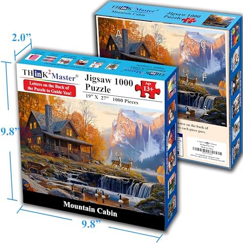 Think2Master Cabin by the Falls 1000 Pieces Large Format Jigsaw Puzzle: 13+, Teens, Adults & Families. Scenic Autumn Mountain Landscape with Log Cabin, Waterfall. Great Gift. Size: 26.8” X 18.9” - Image 6