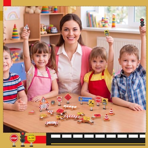 Blosssound 26 Pcs Wooden Toys for Preschool Classroom Construction Signals - Image 5