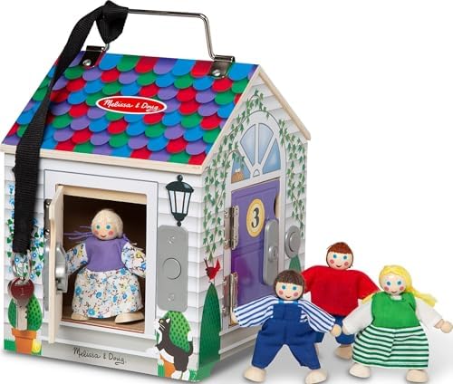 Melissa & Doug Take-Along Wooden Doorbell Dollhouse - Doorbell Sounds, Keys, 4 Poseable Wooden Dolls Portable Doll House, Doorbell House for Kids Ages 3+ by Unknown