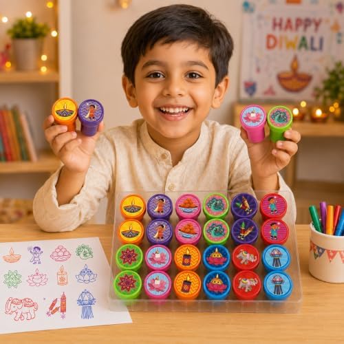Cinrobiye 24 Pcs Diwali Stampers Party Favor Set, Cute Festival of Lights Stamps for Kids Diwali Celebration, Classroom Rewards, Cultural Party Supplies, Goody Bag Fillers, Holiday Party Favors - Image 5