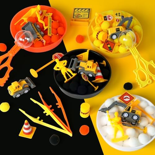 135 Pcs Construction Sensory Bin Items Construction Counting Sorting Sensory Bin Filler Fine Motor 5 Vehicles 14 Road Signs 4 Worker Figures Counts for Easter Day Spring Summer Sorting Counting Decor - Image 3