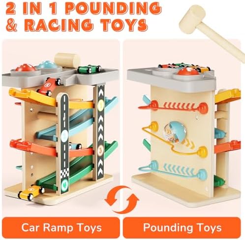 Montessori Toys for 1 Year Old, 2-in-1 Ball Drop Toy & Wooden Car Ramp Toy with Hammer and 4 Cars, First Birthday Gifts for 1 2 Year Old Boy Girl - Image 2
