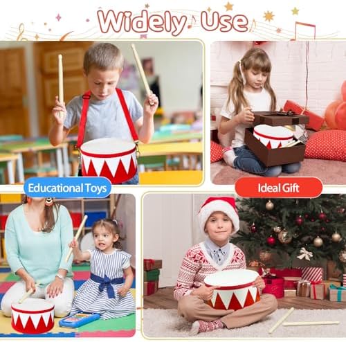 Kids Drum Set,8 in Wooden Toy Drum Set,Educational Baby Musical Toys Drum with Adjustable Strap 2 Drumsticks,Sensory Musical Instrument Drum Toy for Toddler Boys & Girls Gift(Red) - Image 5