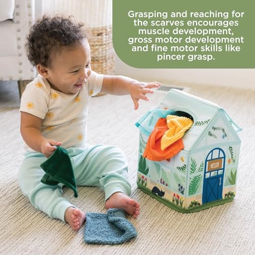 MindWare Sensory Sprouts Tissue Scarf - Montessori Toys for Babies 6-12 Months - Soft Greenhouse-Shaped Tissue Box and 12 Sensory Scarves Featuring Different Textures - Image 6