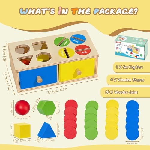 Biottro Wooden Montessori Toys for 3 4 5 Year Old, 2-in-1 Shape Sorter & Coin Drop Box Toy with Drawers Math Counting Color Sorting Game Preschool Educational Sensory Toy Gift for Kids Boys Girls - Image 2