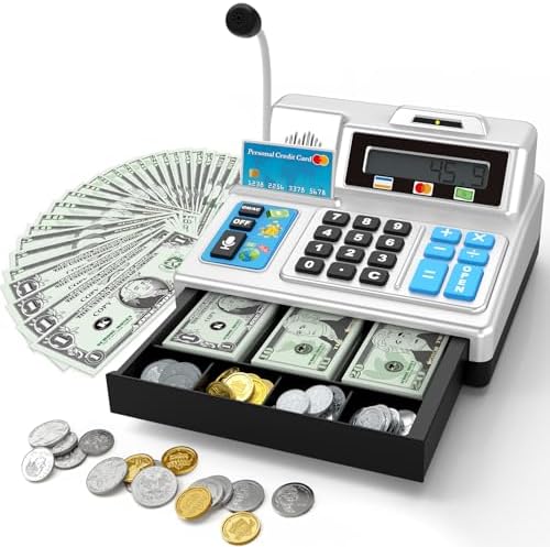 Calculator Cash Register - 103 Pcs Toy Cash Register, Store Set with Microphone, Credit Card and Banking for Kids, Toddler Math Learning Toys, Preschool Gifts for 3, 4, 5, 6, 7, 8+ Years Old Boy Girl by BAODLON