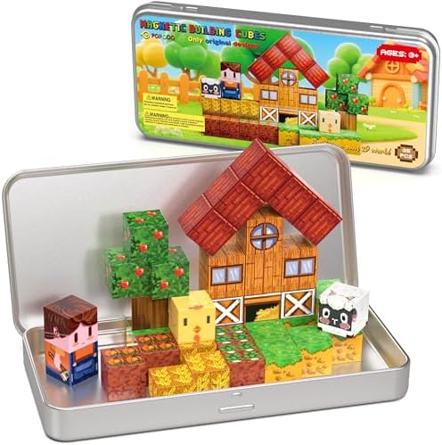 Farm Animal Magnetic Building Blocks Travel Toys, 35PCS Magnetic Cubes for Kids 3-8, Portable STEM Building Tiles with Metal Storage Box, Toddler Learning Toys for Ages 3-5，Fun Gifts, Classroom Prizes by POPOOO