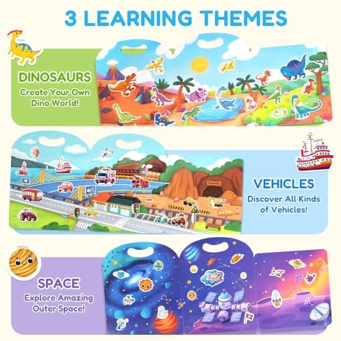 JoyCat Reusable Sticker Books, 3-Pack, Dinosaur Vehicle Space, 90 Stickers - Image 2