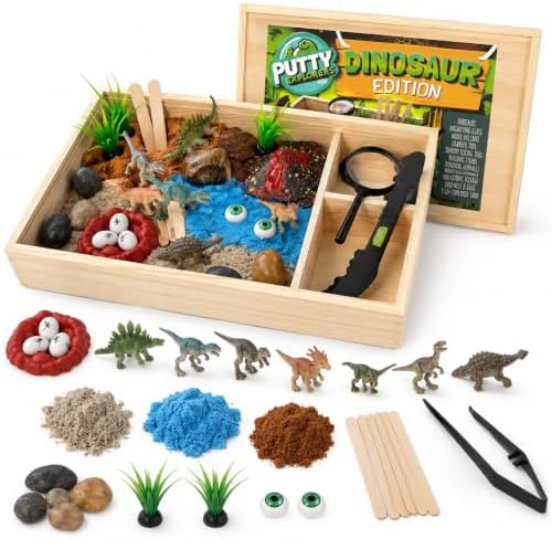 Putty Explorers Dinosaur Sensory Bin Kit for Kids Ages 4-8, Wooden Play & Storage Box with 3 Colors of Sensory Sand, Dino Figures, Eggs, Volcano & Explorer Tools, STEM Imaginative Play by DIYjr