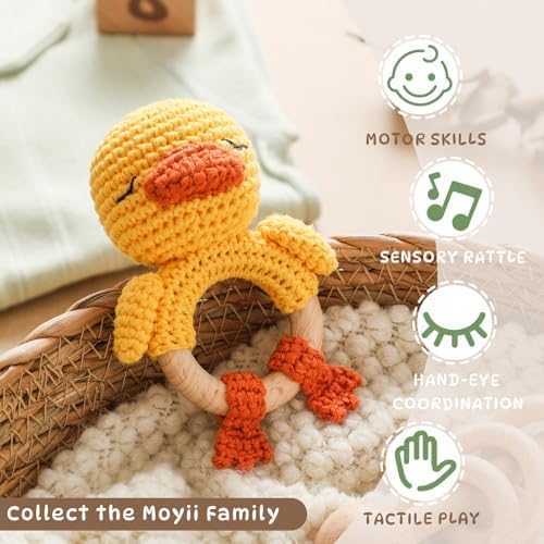 Moyii Handmade Crochet Baby Rattle Toy, 100% Organic Cotton Amigurumi Animal with Natural Beech Wood Teether Ring, Soft Sensory Newborn Toy, Montessori Nursery Gift for Boys & Girls - Image 6