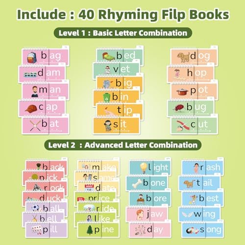 Phonics Flash Cards Word Family Build Book, 40 Read and Rhyme Flip Books Learn to Read Sight Words Flash Cards Kindergarten Reading Games for Kids Ages 4-8 1st 2nd 3rd Learning Activity - Image 2