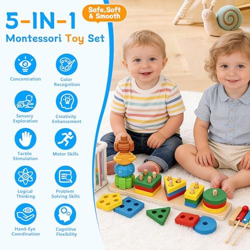 Baby Toys for 6-18 Months, 5-in-1 Montessori Educational Toy Set with Soft Teething Toy Stacking Blocks Rings Sensory Bin, Sorting Sensory Educational Learning Gift for Toddlers Aged 1-3 - Image 2