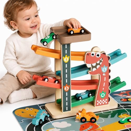 Wooden Dinosaur Car Ramp Toy with Road Puzzle and 6 Cars, Ages 18M+ by Paisure