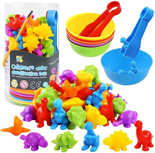 RAEQKS Counting Sorting Dinosaur Toys Montessori Sensory Matching Toy with Bowls Preschool Learning Activities Educational Stacking STEM Game Animals Gifts Sets for Kids Aged 3+ Years Old Boys Girls by RAEQKS