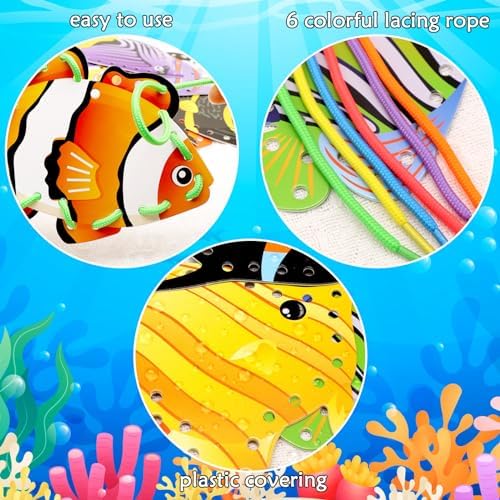 Omlisca Tropical Fish Lacing Cards for Kids 12 Pack Ocean Fish Sea Animals Double Sided Cards Sewing Games Ocean Theme Party Decorations for Home Developing Imagination Education Supplies - Image 6