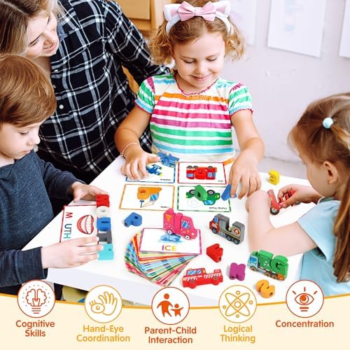 Vanmor Wooden Vehicle Alphabet Puzzle for Toddlers, Traffic ABC Letter Sight Words Matching Game with 52 Blocks and Flash Cards, Spelling Game Toys, Kindergarten Preschool Learning Activities - Image 3