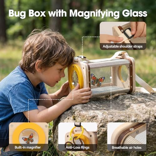 Wooden Bug Catcher Kit for Kids 3-8, 10PCS Durable Outdoor Explorer Kit with Magnifying Glass, Butterfly Net & STEM Guide, Catch & Release Adventure Set for Backyard & Camping - Image 4