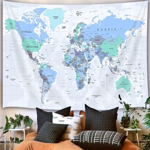 World Map Tapestry for Kids Student, World Map with Countries and Major Cities Tapestries Educational Asia Europe South City Topography America Africa Japan Wall Tapestry 71X60 Inch(Navy Blue) - Image 2
