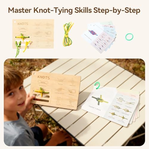 WOODEN TEETHER Kids Outdoor Explorer & Scavenger Hunt Play Set, Nature Exploration Kit with Knot-Tying Board, Binoculars, Compass, Specimen Box & Treasure Cards, STEM Gift for Ages 4–8 - Image 7