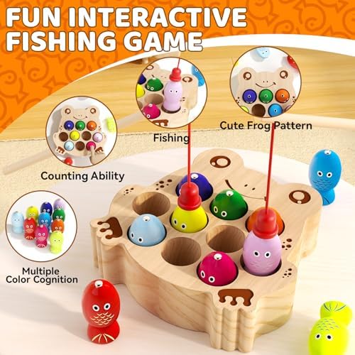 Wooden Magnetic Fishing Game for Toddlers 1-3, Frog Fishing Color Sorting Montessori Sensory Preschool Educational Learning Fine Motor Skills Toys for 3 4 5 Years Old Boys Girls - Image 2