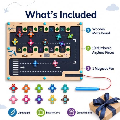 Magnetic Number Maze Toy for Toddlers Ages 3-5, Wooden Airport Parking Puzzle with Magnetic Pen, Montessori Counting & Number Matching Learning Toy, Fine Motor Skills Activity for Boys Girls 3 4 5 - Image 7