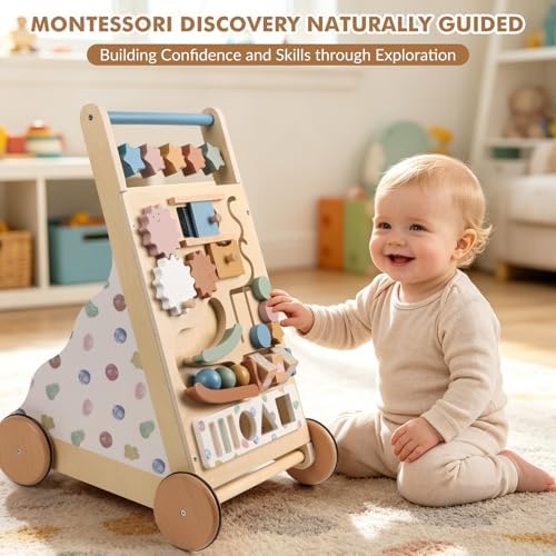 Montessori Safe Wooden Baby Walker, Adjustable Speed Baby Push Walker for Girls and Boys, Morandi Activity Center Toy for Kids' Development, Ideal Gift for Toddlers - Image 6