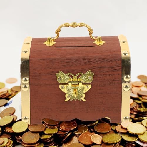 Vintage Wooden Jewelry Box Coin Bank with Lock for Desktop - Image 4