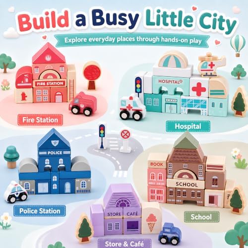 Migargle Wooden Building Blocks Set, 115 Pcs City Construction Stacker Stacking Preschool Learning Educational Toys, Toddler Toys for 3+ Year Old Boy and Girl Gifts - Image 4