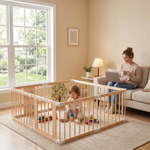 Foldable Wooden Baby Playpen with Locking Gate, Adjustable Baby Playard for Babies and Toddlers, Portable Collapsible Wooden Activity Center for Indoor Use by GentleMonster