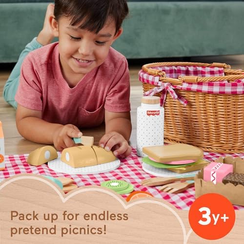 Fisher-Price Wood Pretend Play Toy Picnic Basket, 31-Piece Wooden Food Playset for Preschool Kids Ages 3+ Years - Image 2
