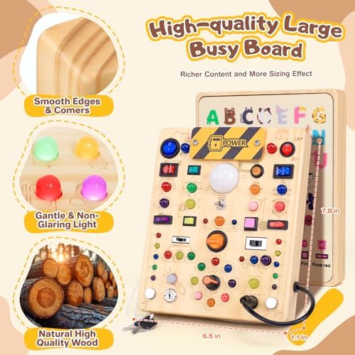 Busy Board with LED Light Switches, Montessori Toys for 1 2 3 Years Old, Toddlers Wooden Toy Sensory Activity Board, Travel Toys for 1+ Year Old Boy & Girl Birthday Gift (19 Switches) - Image 4