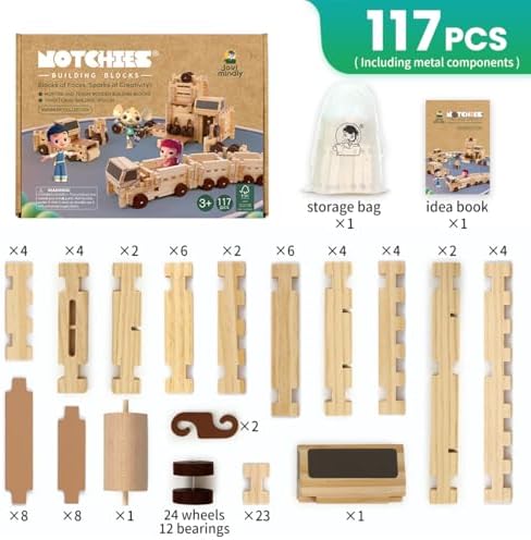 Jovi-mindly＆Notchies C117PCS Wooden Blocks Car Set Wooden Blocks with Wheels＆Vehicle Stickers|Preschool Learning Toys Wood Blocks Building for Kids Ages 3+ Creative Construction Birthday Toys Gifts - Image 2