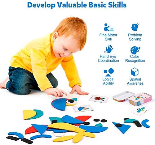 Coogam Wooden Pattern Blocks - Tangram Shape Puzzle Set Color Sorting Stacking Game Wood Animal Jigsaw Preschool Montessori Brain Teaser STEM Gift for 3 4 5 Years Old Toddler Kids (60 Pattern Cards) - Image 4