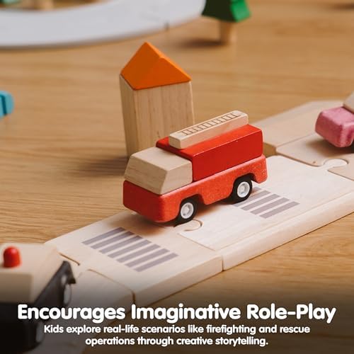 PlanToys® Fire Truck Wooden Montessori Vehicle Kids Indoor Outdoor Play Toy - Image 6