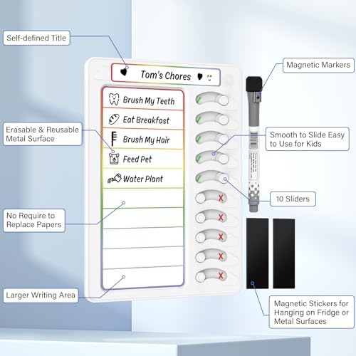 Chore Chart for Kids Dry Erase Chore Board ADHD Tools for Kids to Do List Checklist Task Board Routine Chart Planning Board for Fridge with 10 Sliders and Magnetic Marker, White and Rainbow, 1 Pack - Image 3