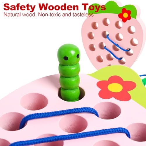 Wooden Lacing Toys for Kids,Strawberry Threading Learning Fine Motor Skills,Montessori Sensory Educational Wooden Pattern Block Puzzle Travel Gift for 3 Years Old Baby Boys Girls - Image 3
