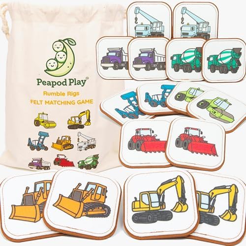 Felt Construction Matching Game for Toddlers – Truck Memory Game & Flash Cards – Soft and Safe for Ages 1+ – Montessori Preschool Learning Activity – Educational Construction Toy for Boys & Girls by PeapodPlay