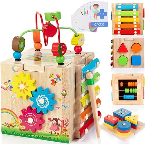 Bravmate Wooden Activity Cube, 8-in-1 Wooden Montessori Learning Toys for 18 M+ Toddlers, One Year Old First Birthday Gift, Baby Toy Set with Bonus Sorting & Stacking Board by Bravmate